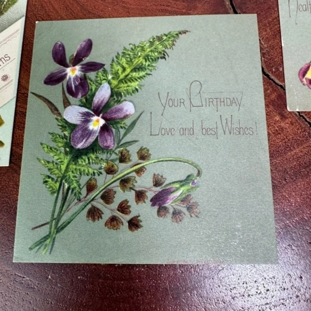 Antique Ephemera L Prang Co Victorian Floral Birthday Cards Violets Rose 1881
